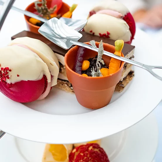 Close up of cakes and sandwiches on table