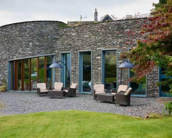 The modern Lakeside Hotel Spa building built in traditional Lakeland slate