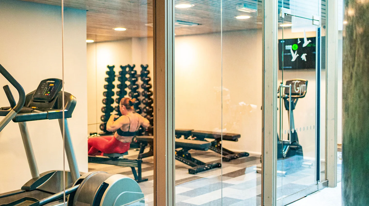 View inside gym showing gym equipment and woman working out
