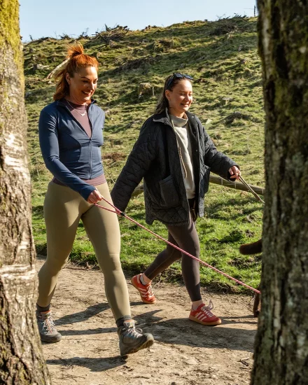 Two women walking together in the Lake District countryside