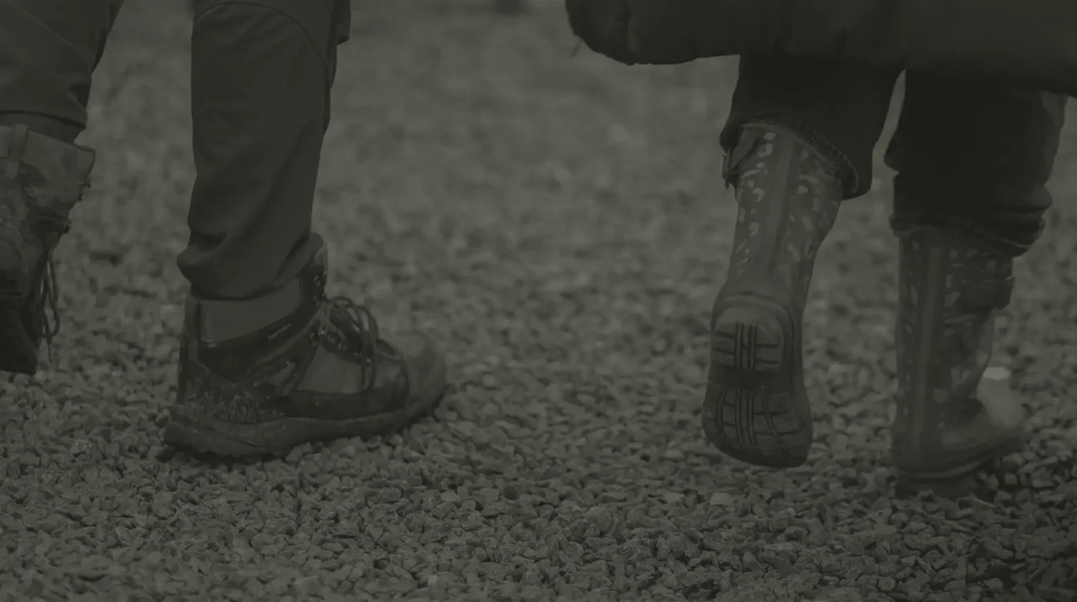 A duotone background close up image of a couple walking boots from behind