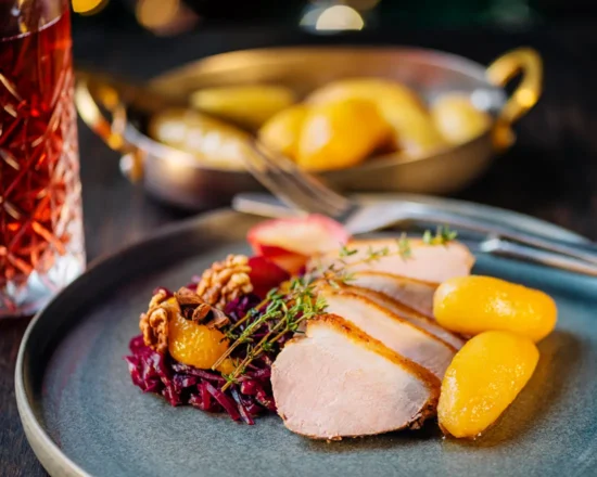 Delicious Christmas dinner of turkey and vegetables in modern setting