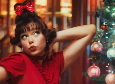 Lady dressed in 1950s style red dress representing a character from a murder mystery game