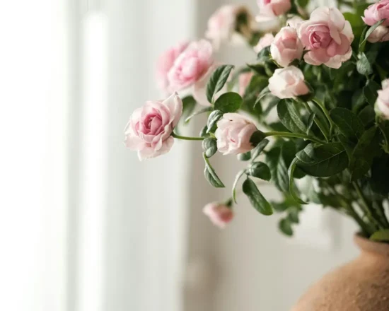 Pink and white flowers arranged in a vase in a light, white room